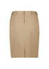 A beige mid-waist stretch chino skirt with a zip closure and belt loops, featuring a simple design and a logo. A beige mid-waist stretch chino skirt with a zip closure and belt loops, featuring a simple design and a logo.