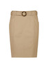 A mid waist stretch chino skirt in a light tan colour featuring a decorative belt with a circular buckle. A mid waist stretch chino skirt in a light tan colour featuring a decorative belt with a circular buckle.