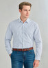 A long sleeve button-up shirt featuring a navy and white check pattern, paired with denim jeans and a brown belt.