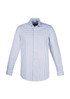 A men's long sleeve button-up shirt featuring a blue and white checked pattern with a logo on the chest.