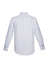 A long-sleeve button-up shirt in a blue and white check pattern, featuring a collar and a logo.