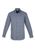 A long-sleeve button-up shirt in navy blue and white check pattern, featuring a collar and buttons. It has a logo.
