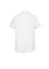 A white women's button-up shirt with short sleeves and a back yoke detail. It features a logo.