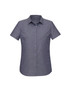 A women's short sleeve button-up shirt in a dark grey colour, featuring a classic collar and a logo.