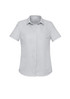 A short sleeve button-up shirt in a light grey colour with a collar and a logo.