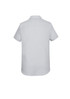 A short sleeve, light grey button-up shirt with a back yoke and a logo.