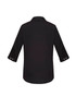 A black 3/4 sleeve button-up women's shirt with a collar and rolled sleeves. Features a logo on the back.