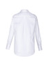 A white long sleeve button-up shirt with a collar and back pleat detail, featuring a logo on the fabric.