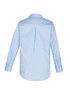 A light blue long sleeve button-up shirt featuring a back pleat and button cuffs, with a collar and a logo.
