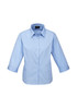 A light blue women's 3/4 sleeve button-up shirt with a collar and a logo on the chest.