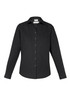 A black women's long sleeve button-up shirt featuring a classic collar and a logo on the label.