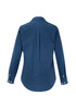 A women's long sleeve button-up shirt in a dark blue hue, featuring a back pleat and buttoned cuffs.