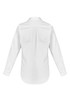 A white long sleeve button-up shirt with a collar and back pleat detail. It features buttons at the cuffs and a logo.