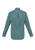 A long sleeve button-up shirt in a muted green colour, featuring a back pleat and buttoned cuffs.