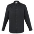 A black long sleeve button-up shirt featuring a collar and a logo on the label.