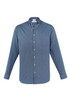 A blue long sleeve button-up shirt with a collar and a logo on the chest.
