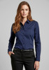A long-sleeve navy button-up shirt for women, featuring a pocket and a logo on the chest area.