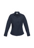 A navy blue women's button-up long sleeve shirt with two front pockets and a collar. It features a logo on the sleeve.