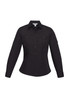 A women's black long sleeve button-up shirt featuring two chest pockets and a fitted design.