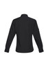 A women's black long sleeve button-up shirt featuring a classic collar and buttoned cuffs. It has branding on it.