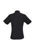 A black short-sleeve button-up shirt for women, featuring a simple design with a collar and a logo.