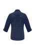 A navy blue women's button-up shirt with 3/4 sleeves and a checked pattern, featuring a logo.