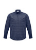 A men's long sleeve button-up shirt featuring a navy and white check pattern, with a chest pocket and a collar.