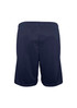 Navy sports shorts featuring an elastic waistband and a simple design, with a branding logo present.
