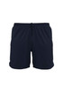 Navy blue sports shorts featuring an elastic waistband and a logo. Ideal for activewear and comfortable movement.