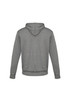 A grey hoodie for kids featuring a kangaroo pocket and a drawstring hood. It includes a logo on the back.
