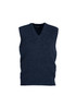 A navy woolmix knit vest with a V-neck design and no sleeves, featuring a textured finish.