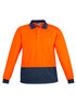A long sleeve polo shirt in bright orange and navy, featuring a pocket and a logo. Ideal for workwear.
