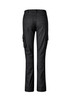 Black women's rugged cargo pants featuring multiple side pockets and a fitted design. Back view displayed.