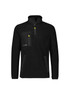 A black unisex polar fleece pullover with a quarter zip and multiple zippered pockets. It features a logo.