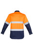 A long sleeve work shirt featuring orange and navy colours with reflective hoop tape. It includes a logo.