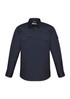 A navy long sleeve button-up shirt featuring two chest pockets and a logo. Suitable for rugged wear.