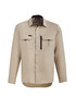 A beige long sleeve button-up shirt with two chest pockets and a zippered pocket, featuring a logo.