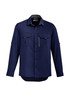 A men's long sleeve outdoor shirt in navy blue, featuring a button-up front and two chest pockets, with a logo.