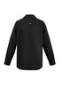 A black long sleeve button-up shirt for men, featuring a back yoke and a logo.