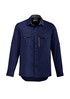 A navy blue long sleeve button-up shirt featuring two chest pockets and a branding logo.
