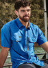 A blue outdoor short sleeve shirt features two front pockets and a zip pocket, ideal for outdoor activities.