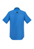 A short-sleeve men's outdoor shirt in bright blue with a logo on the back.