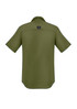 A short sleeve shirt in olive green, featuring a collar and a logo on the back.