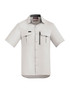 A light grey short sleeve button-up shirt featuring two front pockets and a zippered chest pocket, with a logo.