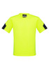 A bright yellow work t-shirt with dark navy blue sleeves and a logo on the front.