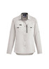 A light grey women's long sleeve button-up shirt with two front pockets and a zippered pocket. Styled for outdoor use.