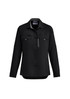A women's long sleeve button-up shirt in black featuring two chest pockets and a zippered pocket. It has a logo on the front.