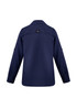 A women's long sleeve button-up shirt in navy, featuring a logo on the back and button cuffs.