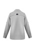 A women's long sleeve button-up shirt in grey, featuring a logo on the back.