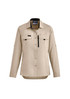 A long-sleeve women's button-up shirt in khaki, featuring two chest pockets and a zip pocket, with branding.